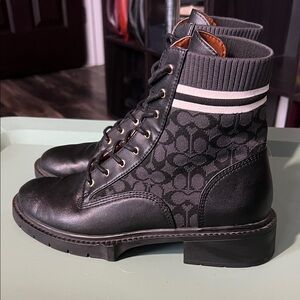 Coach Black Logo Knit Lace-Up Combat Boots